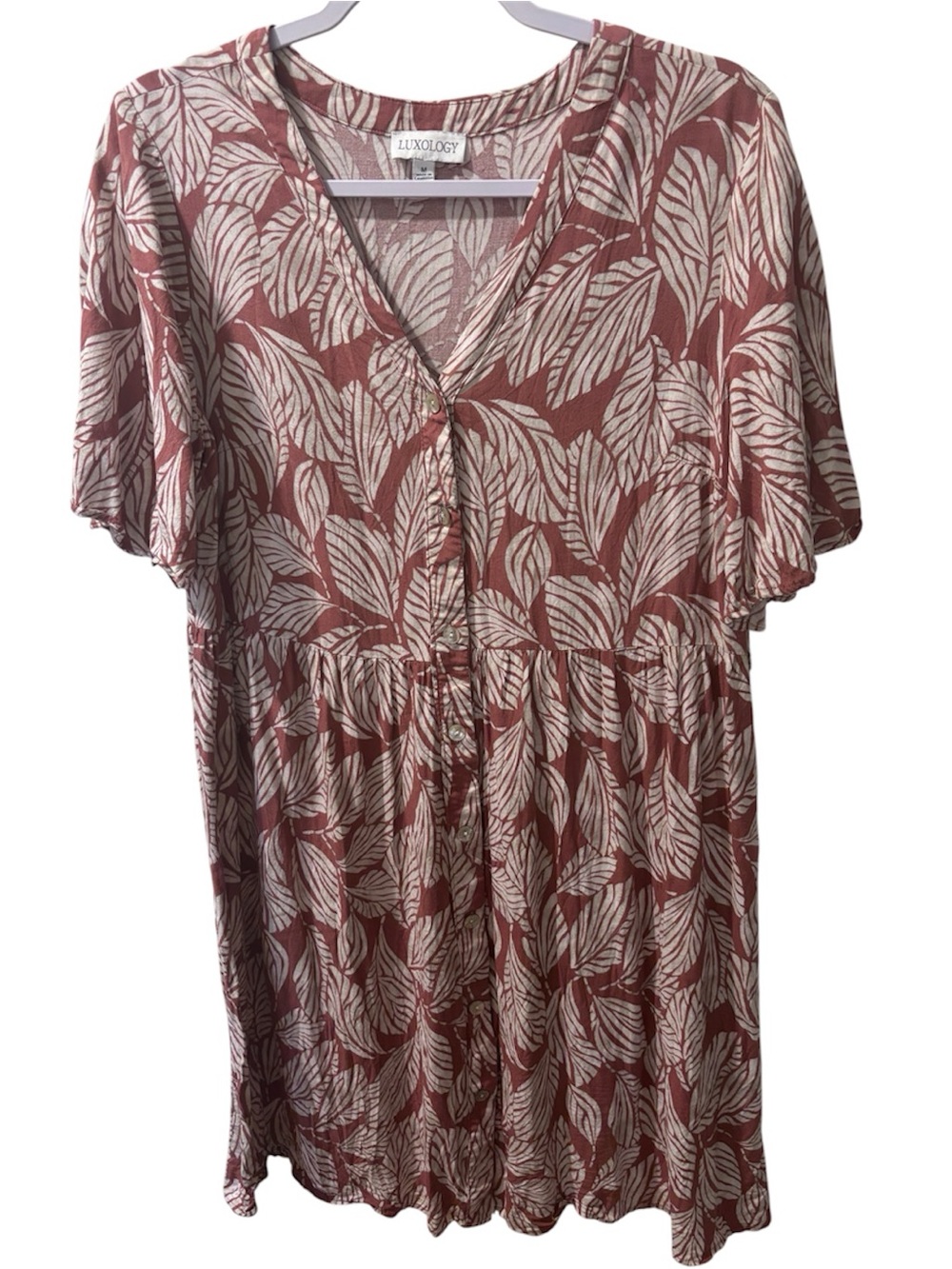 Luxology Rust Orange White Leaf Print Button Down Dress Medium Linen Blend